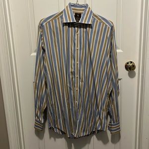 Tailorbyrd long sleeve blue and tan striped shirt.